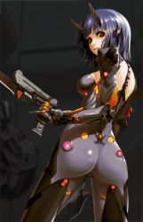 Rule 34 | ass, black eyes, breasts, glowing, gun, hiragana oufu, holding, holding gun, holding weapon, horns, knife, looking back, magazine (weapon), mecha musume, original, parted lips, purple hair, short hair, smile, solo, spine, spinning, standing, weapon