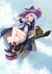 Rule 34 | 1girl, absurdres, adjusting clothes, adjusting headwear, bag, black hat, blue eyes, blue robe, blue sky, boots, bow, broom, broom riding, cloud, collared shirt, commentary request, day, elaina (majo no tabitabi), hair between eyes, hat, highres, honba misaki, long hair, long sleeves, looking at viewer, majo no tabitabi, open clothes, outdoors, pointy footwear, ribbon, robe, shirt, shoulder bag, silver hair, sitting, skirt, sky, smile, solo, sunlight, white shirt, witch hat