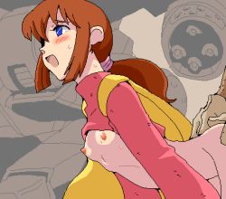 Rule 34 | 1girl, aliasing, ass grab, blue eyes, blush, bottomless, breasts, brown hair, cape, cl-55, clothes lift, covered erect nipples, daiku, doggystyle, gloves, hair tie, hetero, long sleeves, lowres, mecha, nipples, open mouth, out of frame, ponytail, robot, sentou mecha xabungle, sex, sex from behind, shirt lift, sidelocks, small breasts, sweat, tagme, turtleneck, virin nada