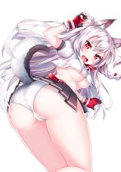 Rule 34 | 1girl, animal ears, ass, azur lane, belt, black gloves, black skirt, blush, braid, breasts, cameltoe, claw pose, crop top, crop top overhang, fang, fingerless gloves, from behind, gloves, hanasaki, highres, long hair, looking at viewer, looking back, medium breasts, nail polish, open mouth, panties, pleated skirt, puffy short sleeves, puffy sleeves, red eyes, short sleeves, simple background, single braid, skirt, slit pupils, solo, thick eyebrows, thighs, underboob, underwear, upskirt, wavy mouth, white background, white hair, yuudachi (azur lane)