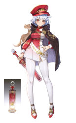 Rule 34 | 1girl, absurdres, animal, cape, commentary request, gold trim, hand on own hip, hat, highres, holding, holding weapon, looking at viewer, original, pantyhose, piyo (pixiv 2308057), red eyes, red footwear, red hat, short hair, silver hair, simple background, solo, standing, weapon, white background, white pantyhose