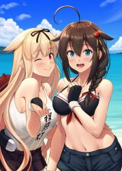 Rule 34 | 2girls, adapted costume, ahoge, beach, bikini, black hair, black skirt, blonde hair, blue eyes, blush, braid, breasts, cleavage, collarbone, denim, denim shorts, enemy lifebuoy (kancolle), hair flaps, hair ornament, hairclip, highres, ichikawa feesu, kantai collection, large breasts, looking at viewer, multiple girls, navel, one eye closed, open mouth, outdoors, red eyes, revision, shigure (kancolle), shorts, skirt, smile, swimsuit, tank top, upper body, yuudachi (kancolle)