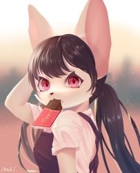 Rule 34 | 1girl, absurdres, animal ears, animal nose, black hair, blouse, blurry, blurry background, body fur, cat ears, cat girl, chocolate, female focus, furry, furry female, hair between eyes, hand on own head, highres, itaki (itakinomaturi), mouth hold, original, red eyes, shirt, snout, solo, twintails, white shirt