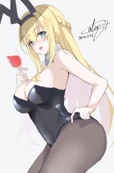 Rule 34 | 1girl, absurdres, animal ears, black leotard, black pantyhose, blonde hair, blue eyes, blush, braid, breasts, calin, cowboy shot, cup, dated, detached collar, fake animal ears, hair between eyes, highres, holding, holding cup, kantai collection, large breasts, leotard, long hair, one-hour drawing challenge, open mouth, pantyhose, playboy bunny, rabbit ears, signature, simple background, single braid, smile, solo, strapless, strapless leotard, warspite (kancolle), white background
