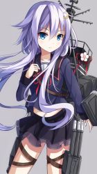 Rule 34 | 10s, 1girl, bad id, bad pixiv id, black skirt, blue eyes, collarbone, cowboy shot, crescent, crescent hair ornament, flower, grey background, hair between eyes, hair ornament, holster, kantai collection, light purple hair, light smile, long sleeves, looking at viewer, machinery, midriff, personification, pleated skirt, red ribbon, ribbon, rin yuu, school uniform, serafuku, short hair with long locks, simple background, skirt, smile, solo, thigh holster, yayoi (kancolle)