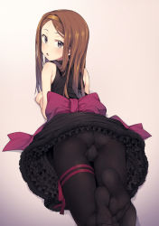 Rule 34 | 1girl, ass, bare arms, bare shoulders, black pantyhose, black shirt, black skirt, blush, brown eyes, brown hair, chacha (fate), commentary, fate/grand order, fate (series), feet, from behind, gradient background, hairband, highres, jp06, koha-ace, layered skirt, long hair, looking at viewer, no shoes, open mouth, panties, panties under pantyhose, pantyhose, parted bangs, pink ribbon, ribbon, shirt, skirt, sleeveless, sleeveless shirt, soles, solo, thigh strap, thighs, underwear, yellow hairband