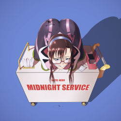 Rule 34 | 1girl, ass, bdsm, blue eyes, blush, bodysuit, bondage, bound, box, breasts, brown eyes, brown hair, cleave gag, cloth gag, condom box, condom wrapper, gag, gagged, glasses, improvised gag, in box, in container, makinami mari illustrious, neon genesis evangelion, plugsuit, public use, rebuild of evangelion, reptileye, restrained, service station, skin tight, solo, stuck, sweat, tissue, tissue box