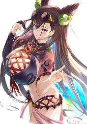 Rule 34 | 1girl, bare shoulders, bikini, blush, breasts, brown hair, choker, cleavage, cross-laced clothes, double bun, fate/grand order, fate (series), gem, goggles, goggles on head, hair between eyes, hair bun, hair ornament, highres, large breasts, long hair, looking at viewer, murasaki shikibu (fate), nail polish, parted lips, purple bikini, purple eyes, purple gemstone, simple background, solo, swimsuit, thighs, two side up, very long hair, white background, yatsuka (846)