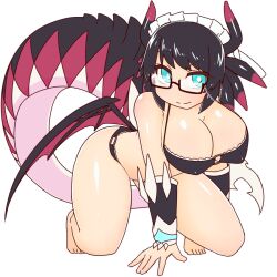 Rule 34 | 1girl, barefoot, bikini, black hair, blue eyes, bracelet, breasts, cahf/find, cleavage, dragon girl, dragon horns, dragon tail, dragon wings, duel monster, full body, glasses, horns, house dragonmaid, jewelry, kneeling, large breasts, short hair, simple background, solo, swimsuit, tail, white background, wings, yu-gi-oh!