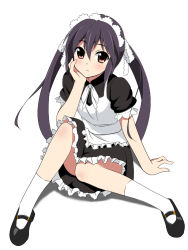 Rule 34 | 1girl, alternate costume, apron, black hair, brown eyes, dress, enmaided, flat chest, head rest, highres, k-on!, long hair, macchaume, maid, maid apron, maid headdress, mary janes, nakano azusa, shoes, simple background, sitting, socks, solo, twintails, white background