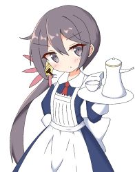 Rule 34 | 1girl, :o, akebono (kancolle), alternate costume, apron, bell, blue dress, blush, bow, brown hair, collared dress, commentary request, cup, dress, enmaided, flower, grey eyes, hair bell, hair between eyes, hair flower, hair ornament, hand on own hip, head tilt, holding, holding tray, ichi (ichi.colors), jingle bell, kantai collection, long hair, long sleeves, maid, maid apron, necktie, parted lips, pink flower, red necktie, side ponytail, solo, teacup, teapot, tray, very long hair, white apron, white bow