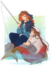 2girls blue_eyes blue_headband blue_pants blue_shirt blush border breasts brown_hair character_name commentary english_commentary fins fishing_rod geminitay green_eyes hat head_fins headband hermitcraft highres holding holding_fishing_rod long_hair long_sleeves looking_up medium_breasts mermaid minecraft_youtube monster_girl multiple_girls official_alternate_costume orange_hair pants pearlescentmoon pearlescentmoon_(postmaster) rock salmon shirt sitting tail twitchy_sparrow water white_border white_hat white_shirt