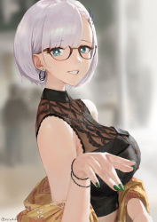 Rule 34 | 1girl, aqua eyes, black shirt, blouse, blush, braid, braided bangs, collared shirt, from side, glasses, hair behind ear, highres, hololive, hololive indonesia, indonesian commentary, looking at viewer, nail polish, official alternate costume, pavolia reine, shawl, shirt, short hair, silver hair, sitting, sleeveless, sleeveless shirt, smile, solo, virtual youtuber, yellow shawl, zeradok