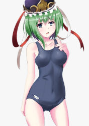 Rule 34 | 1girl, absurdres, asymmetrical hair, blue eyes, blue one-piece swimsuit, breasts, gluteal fold, green hair, hat, highres, kaden, medium breasts, one-piece swimsuit, ribbon, school swimsuit, shiki eiki, solo, standing, swimsuit, touhou