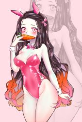 Rule 34 | 1girl, absurdres, animal ears, bad id, bad pixiv id, black hair, bow, bowtie, breasts, carrot, commentary, cowboy shot, detached collar, english commentary, fake animal ears, gradient hair, highres, kamado nezuko, kimetsu no yaiba, leotard, long hair, looking at viewer, medium breasts, mouth hold, multicolored hair, necrotenshi, pink background, pink bow, pink bowtie, pink eyes, pink leotard, playboy bunny, rabbit ears, rabbit girl, simple background, solo, standing, strapless, strapless leotard, very long hair, wrist cuffs, zoom layer