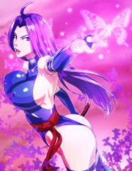 Rule 34 | 10s, 1girl, ahoge, animification, armpits, ass, bare shoulders, blue eyes, breasts, bridal gauntlets, bug, butterfly, covered erect nipples, elbow gloves, gloves, highres, insect, katana, large breasts, leotard, long hair, marvel, ninja, psylocke, purple hair, sideboob, solo, sword, thighhighs, thong leotard, usatarou, weapon, x-men