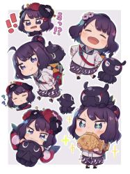Rule 34 | !, !!, 1girl, ?, ahoge, chibi, contemporary, expressions, fate/grand order, fate (series), food, hair bun, katsushika hokusai (fate), katsushika hokusai (traveling outfit) (fate), multiple views, octopus, official alternate costume, outside border, purple eyes, purple hair, shorts, simple background, single hair bun, sketchbook, sparkle, sparkling eyes, taiyaki, tears, totatokeke, v-shaped eyebrows, wagashi, wavy mouth