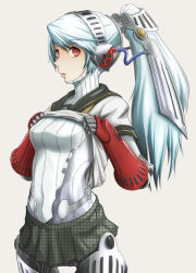 Rule 34 | 1girl, android, ao usagi, atlus, blue hair, breasts, clothes lift, grey background, headgear, houndstooth, joints, labrys (persona), long hair, megami tensei, miniskirt, no nipples, persona, persona 4, persona 4: the ultimate in mayonaka arena, pleated skirt, ponytail, red eyes, ringed eyes, robot joints, school uniform, serafuku, shin megami tensei, shirt lift, simple background, skirt, solo