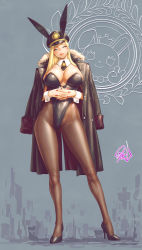 Rule 34 | 1girl, animal ears, black leotard, black pantyhose, blonde hair, blue eyes, breasts, bunny day, cleavage, collar, fujii eishun, gluteal fold, hat, high heels, highleg, highleg leotard, highres, jacket, jacket on shoulders, large breasts, leotard, lips, long legs, looking at viewer, military, military hat, military jacket, nail polish, necktie, original, own hands together, pantyhose, playboy bunny, rabbit ears, red lips, red nails, short necktie, sleeve cuffs, solo, thick lips, thick thighs, thighs, tights day
