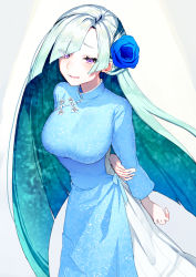 Rule 34 | 1girl, alternate costume, arms behind back, blush, brynhildr (fate), fate/grand order, fate/prototype, fate/prototype: fragments of blue and silver, fate (series), flower, frown, highres, long hair, purple eyes, rose, smile, solo, usalxlusa, vietnamese dress, white background, white hair
