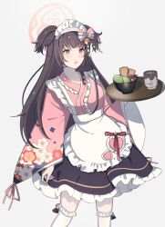 Rule 34 | 1girl, apron, bell, blue archive, blue eyes, bow, bowl, brown hair, cowboy shot, cup, floral print kimono, frilled apron, frilled thighhighs, frills, grey background, hair bow, halo, highres, holding, holding tray, japanese clothes, kimono, long hair, long sleeves, looking at viewer, maid, maid apron, maid headdress, open mouth, pink bow, pink kimono, shiomura (user atks7835), shizuko (blue archive), simple background, solo, tea, thighhighs, tray, wa maid, waist apron, white thighhighs, wide sleeves