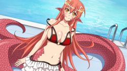 Rule 34 | 1girl, artist request, bare shoulders, bikini, blush, breasts, game cg, hair between eyes, hair ornament, hairclip, lamia, large breasts, long hair, looking at viewer, midriff, miia (monster musume), monster girl, monster musume no iru nichijou, monster musume no iru nichijou online, navel, o-ring, o-ring bikini, official alternate costume, official art, pointy ears, red hair, scales, skirt, slit pupils, smile, solo, strap slip, swimsuit, white skirt, yellow eyes