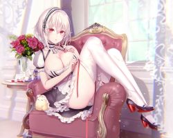 Rule 34 | 1girl, :o, absurdres, anchor choker, azur lane, blush, breasts, chair, choker, cleavage, collarbone, day, dress, flower, full body, hair between eyes, hairband, high heels, highres, indoors, lace-trimmed hairband, lace trim, large breasts, looking at viewer, maid, pink flower, pink rose, pottsness, puffy sleeves, red eyes, ribbon-trimmed legwear, ribbon trim, rose, rudder footwear, short hair, short sleeves, sidelocks, sirius (azur lane), sitting, solo, thighhighs, vase, white hair, white thighhighs, window