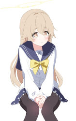 Rule 34 | 1girl, alternate hairstyle, black pantyhose, black sailor collar, black skirt, blue archive, blush, cardigan, closed mouth, feet out of frame, foulo paints, hair between eyes, halo, hifumi (blue archive), highres, light brown hair, long hair, long sleeves, looking at viewer, pantyhose, sailor collar, simple background, skirt, solo, white background, white cardigan, yellow eyes, yellow halo