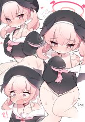 Rule 34 | !?, 1girl, ?, absurdres, black headwear, black shirt, black wings, blue archive, blush, breasts, cleavage, closed mouth, commentary request, ear blush, full-face blush, halo, highres, koharu (blue archive), korean commentary, looking at viewer, mg pong, multiple views, off-shoulder shirt, off shoulder, open mouth, panties, pink eyes, pink hair, red halo, shirt, short hair, simple background, sleeves past fingers, sleeves past wrists, small breasts, thighs, twintails, underwear, wavy mouth, white background, white panties, winged hat, wings