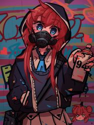 Rule 34 | 1girl, aiming, aiming at viewer, blue archive, blue eyes, blue necktie, chibi, chibi inset, fingernails, gas mask, graffiti, hand in pocket, head tilt, highres, holding, jacket, long hair, long sleeves, looking at viewer, maki (blue archive), mask, multicolored background, navysears, necktie, paint can, paint on clothes, red hair, solo, sweater, zipper