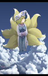 Rule 34 | 2girls, annoyed, blonde hair, chen, cloud, day, fang, female focus, flying, fox tail, hands in opposite sleeves, hat, highres, kabu (yuyuibob), letterboxed, multiple girls, multiple tails, short hair, sky, tail, touhou, yakumo ran, yellow eyes