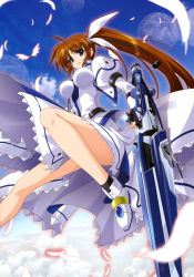 Rule 34 | 00s, 1girl, absurdres, blue sky, blush, breasts, brown hair, cloud, day, dress, feathers, from below, higa yukari, highres, impossible clothes, impossible dress, large breasts, legs, long legs, looking at viewer, looking down, lyrical nanoha, magical girl, mahou senki lyrical nanoha force, mahou shoujo lyrical nanoha, outdoors, raising heart, raising heart (standby mode), side ponytail, sky, solo, strike cannon, takamachi nanoha, uniform, weapon, wings