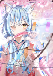Rule 34 | absurdres, ahoge, animal ears, bell, blue hair, blush, cat ears, cat teaser, cherry blossoms, daifuku (yukihana lamy), elf, eyelashes, floral print, food, hair between eyes, hair ornament, hairclip, highres, holding, holding food, hololive, japanese clothes, kimono, long hair, low twintails, mofu07519, multicolored hair, one eye closed, pointy ears, solo, streaked hair, tail, tail bell, tail ornament, taiyaki, twintails, upper body, virtual youtuber, wagashi, wind chime, yellow eyes, yukihana lamy, yukihana lamy (new year)