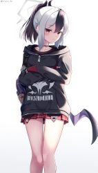 Rule 34 | 1girl, absurdres, bag, black hair, black shirt, blue archive, choker, closed mouth, clothes writing, crossed arms, gradient background, hair between eyes, halo, highres, hood, hoodie, horns, jacket, kayoko (blue archive), long sleeves, looking at viewer, miso (misomiso 154), multicolored hair, plaid, plaid skirt, ponytail, red eyes, shirt, shoulder bag, simple background, skirt, solo, tail, twitter username, white hair