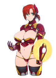 Rule 34 | 1girl, adapted costume, aqua eyes, boudica (fate), breasts, cleavage, cleavage cutout, closed mouth, clothing cutout, cosplay, cowboy shot, cropped legs, fate/grand order, fate (series), frown, gauntlets, gluteal fold, headgear, iron man, iron man (cosplay), kurowa, large breasts, looking at viewer, marvel, navel, red hair, revealing clothes, shield, short hair, short ponytail, shrug (clothing), simple background, solo, thighhighs, white background, wide hips