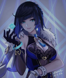 Rule 34 | 1girl, black gloves, black thighhighs, blue eyes, blue hair, bob cut, breasts, china, cleavage, dice, earrings, elbow gloves, eyebrows hidden by hair, genshin impact, gloves, highres, jacket, jewelry, large breasts, looking at viewer, medium breasts, necklace, open mouth, short hair, silberein, smile, solo, thighhighs, upper body, white gloves, yelan (genshin impact)