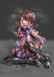 Rule 34 | ball gag, blush, brown eyes, brown hair, crying, crying with eyes open, dripping, forced, fumi11gou, gag, highres, living clothes, parasite, puddle, scared, simple background, struggling, tagme, tears, tentacles, tentacle clothes, tentacle gag, tentacle seam, tentacles, tentacles under clothes, uniform