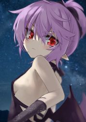 Rule 34 | 1girl, akisome hatsuka, alternate costume, alternate hairstyle, armpits, backless dress, backless outfit, bat wings, black dress, black gloves, blush, breasts, closed mouth, dress, floral print, gloves, lace, lace gloves, light blush, night, night sky, pointy ears, pout, purple hair, red eyes, remilia scarlet, short hair, short ponytail, sideboob, sky, small breasts, solo, star (sky), starry sky, touhou, wings