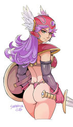Rule 34 | 1girl, absurdres, armor, ass, bikini, bikini armor, black sleeves, blush, breasts, colored eyebrows, cropped legs, detached sleeves, dragon quest, dragon quest iii, gloves, green eyes, helmet, highres, holding, holding shield, holding sword, holding weapon, large breasts, light smile, long hair, looking at viewer, looking back, red armor, red gloves, revealing clothes, samanator club, shield, shoulder armor, simple background, smile, soldier (dq3), solo, square enix, swimsuit, sword, thong, thong bikini, weapon, white background, winged helmet