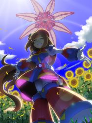 Rule 34 | 1girl, android, beret, blue sky, breasts, brown hair, capcom, cloud, commentary request, day, closed eyes, flower, from below, gloves, hat, iris (mega man), knees together feet apart, long hair, low-tied long hair, medium breasts, napo, outstretched arms, red headwear, mega man (series), mega man x (series), mega man x4, sky, smile, standing, sunflower, teeth, white gloves