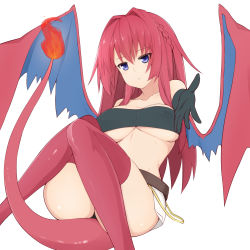 Rule 34 | 1girl, absurdres, alternate color, braid, breasts, charizard, cleavage, creatures (company), dragon girl, female focus, fire, game freak, gen 1 pokemon, gloves, highres, large breasts, long hair, mega charizard y, mega pokemon, natsuki straight, nintendo, outstretched arm, personification, pokemon, purple eyes, red hair, short shorts, shorts, side braid, simple background, sitting, strapless, tail, thighhighs, tube top, underboob, white background, wings
