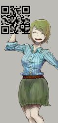 Rule 34 | 1girl, green hair, open mouth, original, qr code, shirt, short hair, simple background, skirt, sleeves rolled up, smile, solo, striped clothes, striped shirt, teeth, yumayouji