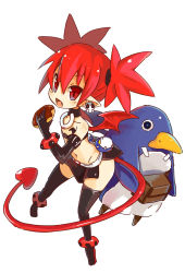 Rule 34 | demon tail, demon wings, disgaea, doughnut, earrings, etna (disgaea), flat chest, food, highres, jewelry, navel, open mouth, pointy ears, prinny, red hair, simple background, tail, thighhighs, twintails, white background, wings, zizi niisan