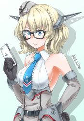 Rule 34 | 1girl, absurdres, akito (sub707), anchor symbol, artist name, bespectacled, black-framed eyewear, black gloves, blonde hair, blue background, blue eyes, blue necktie, braid, breasts, cellphone, colorado (kancolle), dated, dress, elbow gloves, garrison cap, glasses, gloves, grey dress, grey hat, hat, headgear, highres, iphone, kantai collection, large breasts, necktie, phone, pleated dress, shadow, shirt, short hair, side braids, sideboob, sleeveless, smartphone, solo, white shirt