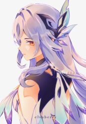 Rule 34 | 1girl, artist name, back fin, bare shoulders, breasts, butterfly hair ornament, closed mouth, detached sleeves, elvaberryy, expressionless, fins, genshin impact, grey hair, hair between eyes, hair ornament, highres, long hair, looking at viewer, looking back, medium breasts, orange eyes, simple background, skirk (genshin impact), solo, upper body, very long hair