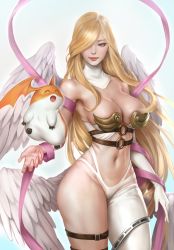Rule 34 | 1girl, angel wings, angewomon, armpits, asymmetrical clothes, blonde hair, blue eyes, breasts, closed mouth, cowboy shot, curvy, digimon, digimon (creature), feathered wings, gloves, hair over one eye, highres, large breasts, long hair, mole, mole under eye, multiple wings, navel, patamon, revealing clothes, single glove, smile, tangerine (dudu), thigh strap, unmasked, very long hair, wings