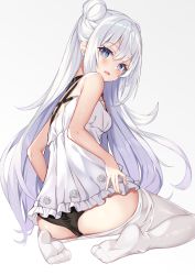 Rule 34 | 1girl, armpit crease, ass, azur lane, bare arms, bare shoulders, black panties, blue eyes, breasts, clothes pull, dress, from behind, hair bun, le malin (azur lane), le malin (sleepy sunday) (azur lane), long hair, looking at viewer, looking back, no shoes, noboru (kamine204136), open mouth, panties, pantyhose, pantyhose pull, short dress, single hair bun, sitting, sleeveless, sleeveless dress, small breasts, smile, solo, underwear, wariza, white dress, white hair, white pantyhose