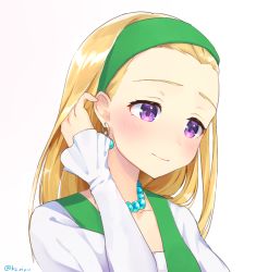 Rule 34 | 1girl, bangs pinned back, blonde hair, blush, closed mouth, collarbone, dragon quest, dragon quest xi, earrings, forehead, hand up, head tilt, jewelry, juliet sleeves, kz ripo, long hair, long sleeves, necklace, pearl necklace, puffy sleeves, purple eyes, senya (dq11), shirt, sleeves past wrists, solo, twitter username, upper body, white shirt