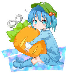 Rule 34 | 1girl, bad id, bad pixiv id, blue eyes, blue hair, boots, carrot, female focus, hair bobbles, hair ornament, hat, jigatei (omijin), kawashiro nitori, matching hair/eyes, hugging object, pocket, rubber boots, shirt, sitting, skirt, skirt set, solo, tongue, touhou, twintails, two side up, winding key