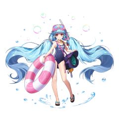 Rule 34 | 1girl, absurdly long hair, absurdres, barcode, bare shoulders, black footwear, blue hair, bubble, covered navel, expressionless, facial mark, flat chest, full body, game cg, guardian tales, highres, innertube, little android aa72, long hair, looking at viewer, official art, one-piece swimsuit, pink eyes, sleeveless, standing, swim ring, swimsuit, transparent background, very long hair, water